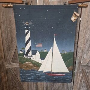 Warren Kimble Tapestry Coastal Breeze USA Flag Sailboats Lighthouse Wall Decor